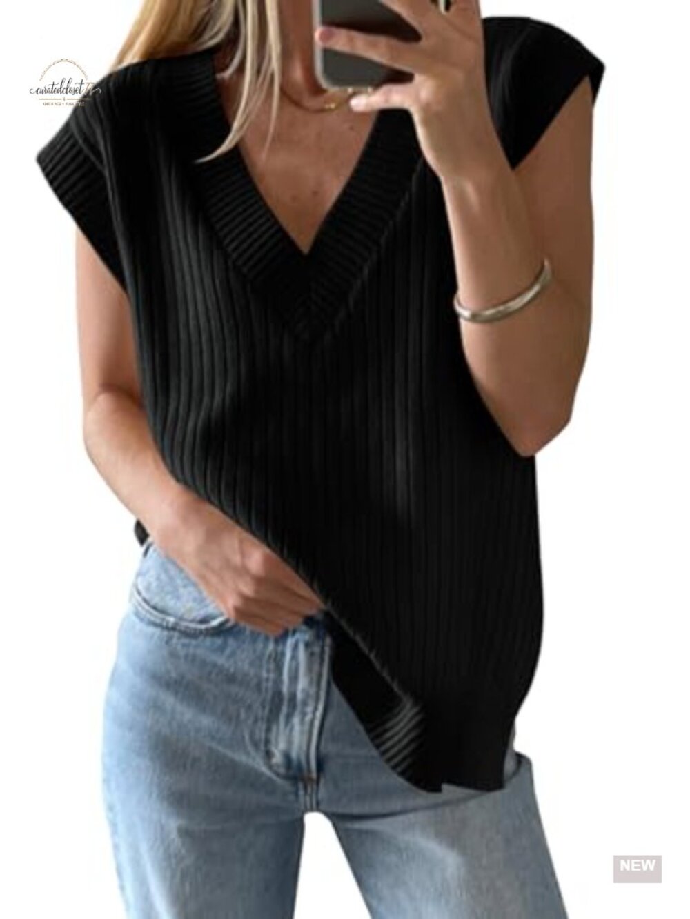 Ribbed Knit V Neck Sweater Vest Sleeveless Oversized Pullover